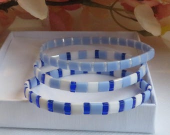 Blue Miyuki Tila Bead Bracelet Stack, Set of 3 Stretch Bracelets, Light & Dark Blue Mosaic Tile Jewellery, Handmade UK