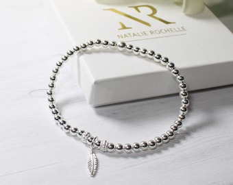 Sterling Silver Feather Charm Beaded Stacking Bracelet
