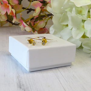 Könnte beinhalten: Ein Paar goldene Ohrstecker mit einem kleinen, klaren Edelstein in der Mitte, präsentiert auf einer weißen Schachtel. Die Ohrringe sind vor einem Hintergrund aus weißen und rosa Blumen platziert.
