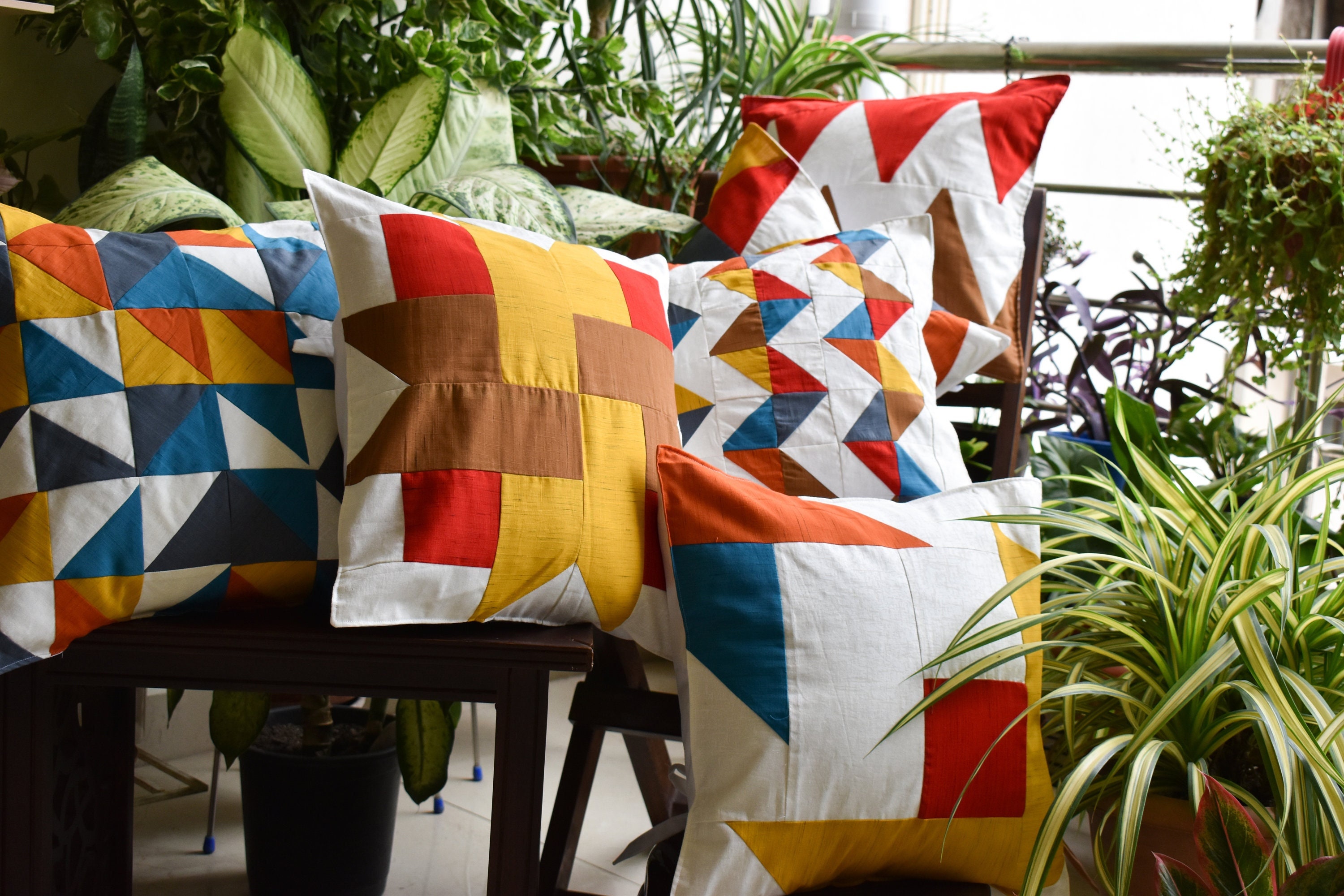 Paire de Housses d'oreiller en Coton Patchwork Indien 16 Pouces Faites à La Main, Taies Géométriques