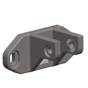 Könnte beinhalten: Eine graue Metallhalterung mit einem Loch an der Seite und einem zahnradförmigen Design am Ende.