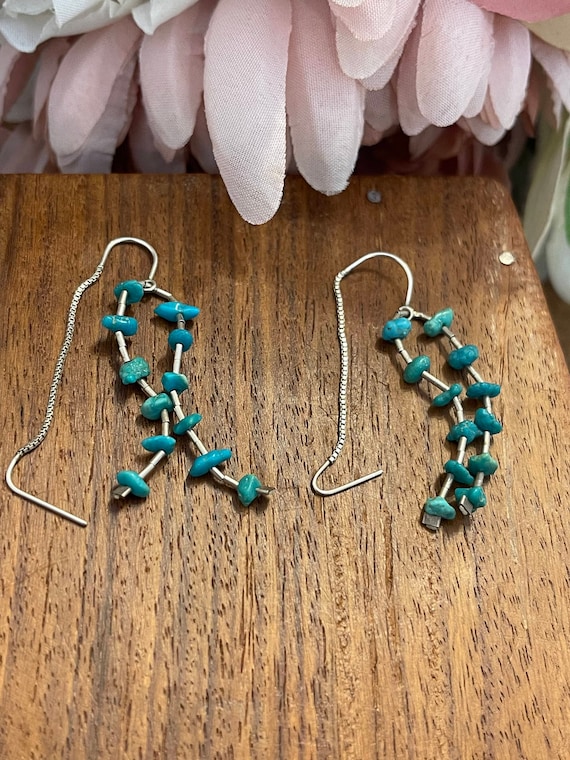 STUNNING Turquoise Chip Threader Earrings, Silver - image 1