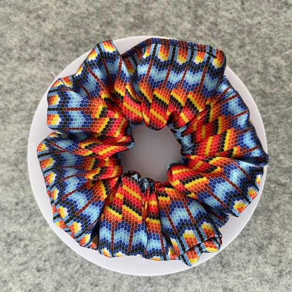 Satin Native "Beadwork" Pattern Scrunchie | Rainbow Background | Hair Tie | Bun Holder | Ponytail Tie | Diné Made