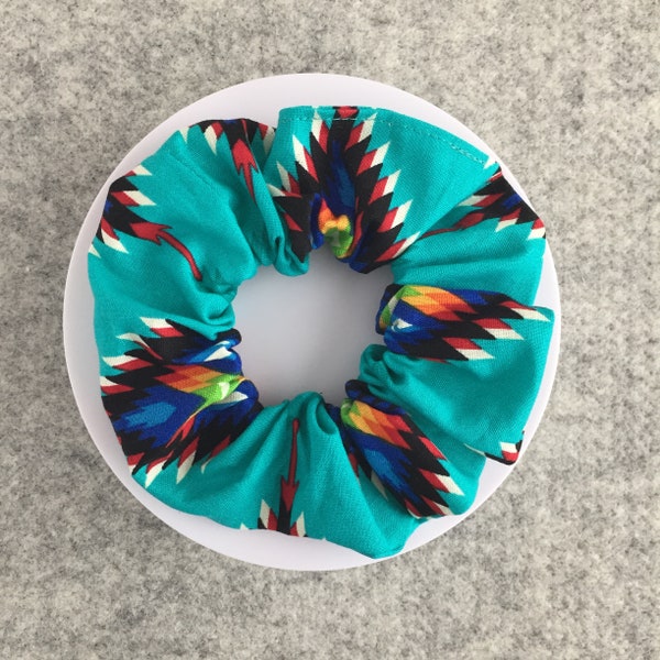 Cotton Turquoise Southwest Geometric Medallion Scrunchie | Hair Tie | Bun Holder | Ponytail Tie