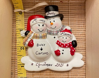 Expecting Second Child Personalized Custom Christmas Ornament/ Expecting Snow Family of 3 Ornament