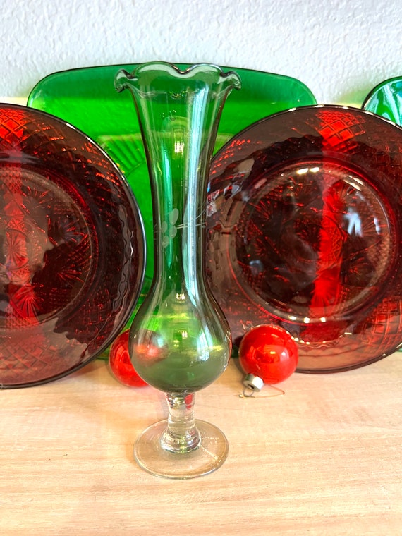 Vintage Green Etched Bud Vase Etsy