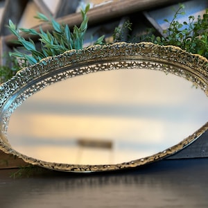 Hollywood Regency Brass Oval Filigree Mirrored Vanity Tray