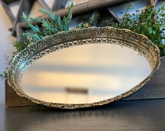 Hollywood Regency Brass Oval Filigree Mirrored Vanity Tray