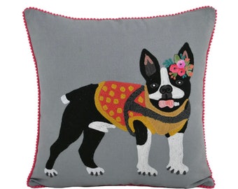 Embroidered Boston Terrier Pillow