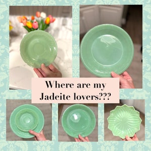 May include: A collection of jadeite green dishes, including a small plate, a large plate, a bowl, and a saucer. The dishes are all in a vintage style and have a light green color.
