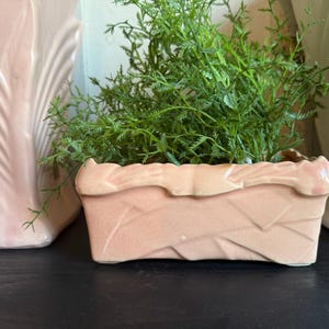 Op de afbeelding: Een roze keramische plantenbak met een geometrisch ontwerp, gevuld met groen gebladerte.