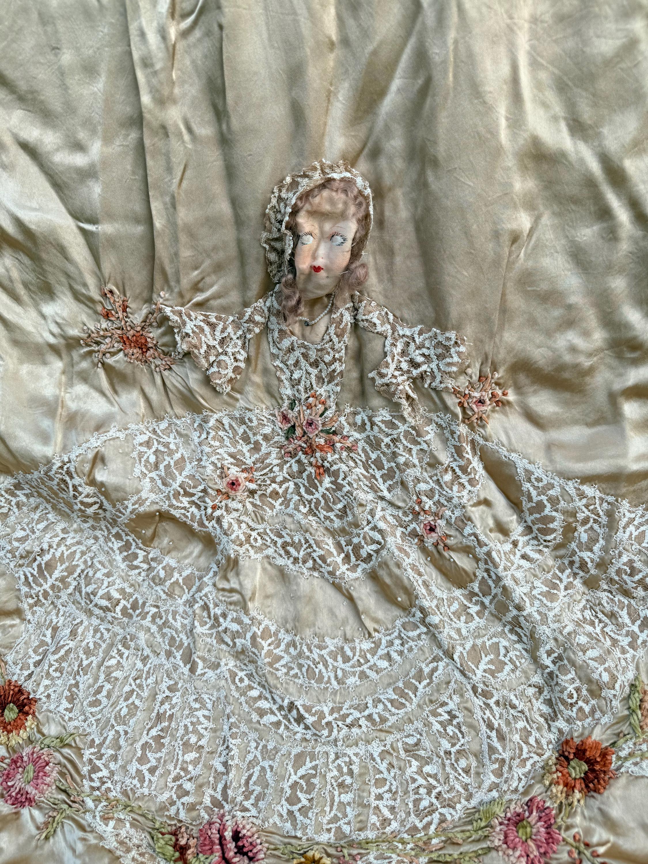 RARE 1920’s Boudoir Doll Satin Bedspread