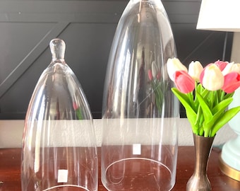May include: Two clear glass cloche domes of different sizes. The domes have a rounded, bell-like shape with a small knob at the top. A small vase with pink and white tulips sits nearby. The cloches are on a dark brown surface.