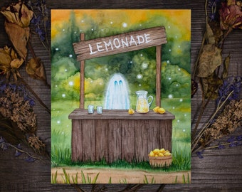 Impression d'art - fantôme de stand de limonade - oeuvre d'art aquarelle effrayante mignonne d'Halloween