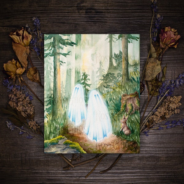 Fine Art Print - Owl Witch-Hunting Ghosts - Spooky Cute Halloween Watercolor Artwork by Rosy Ghost Curios - PNW Cryptid Series