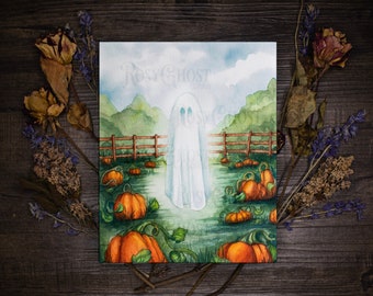 Fine Art Print - Pumpkin Patch Ghost - Spooky Cute Halloween Watercolor Artwork by Rosy Ghost Curios
