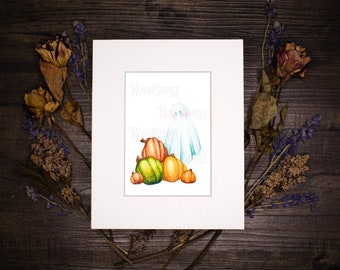 Original One-Of-A-Kind Watercolor Painting of a Spooky Blushing Ghost in a Pumpkin Patch