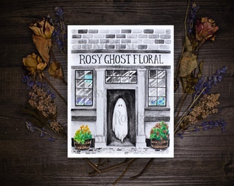 Fine Art Print - Floral Shop Ghost - Spooky Cute Halloween Watercolor Artwork by Rosy Ghost Curios