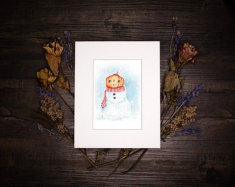 Original One-Of-A-Kind Watercolor Painting of a Spooky Snowman with a Pumpkin Head