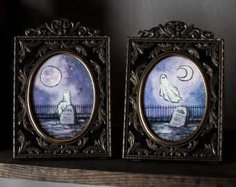 Moonlight Graveyard Ghosts - Original Watercolor Paintings by Rosy Ghost