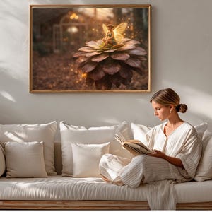 Può includere: Un'opera d'arte incorniciata raffigura una fata su una pigna, sullo sfondo sfocato di una foresta. L'opera è esposta sopra un divano color crema con cuscini bianchi. Una donna è seduta sul divano, che legge un libro.