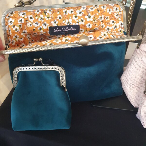 Sac vintage velours bleu paon