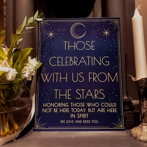 Printable Art Deco Celestial Wedding Signs: Cards and Gifts, Bar, Favors, Find your Seat, and Memorial Table Sign, Customizable Bundle