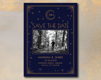 Art Deco Celestial Wedding Save the Date Template, Customizable Font and Colors