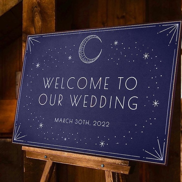 Printable Art Deco Celestial Wedding Welcome Sign, Moon and Stars, PDF Customizable Multiple Colors