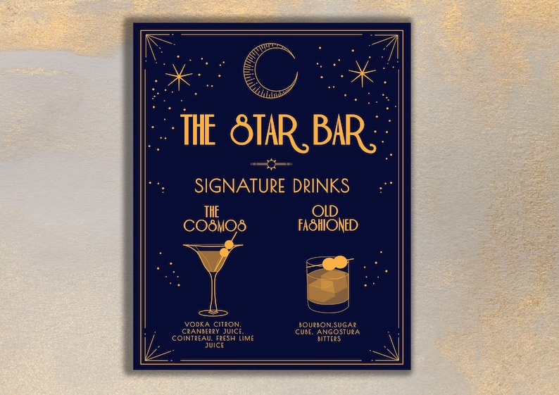 A wedding cocktail bar sign with pictures of a martini glass and whiskey on the rocks