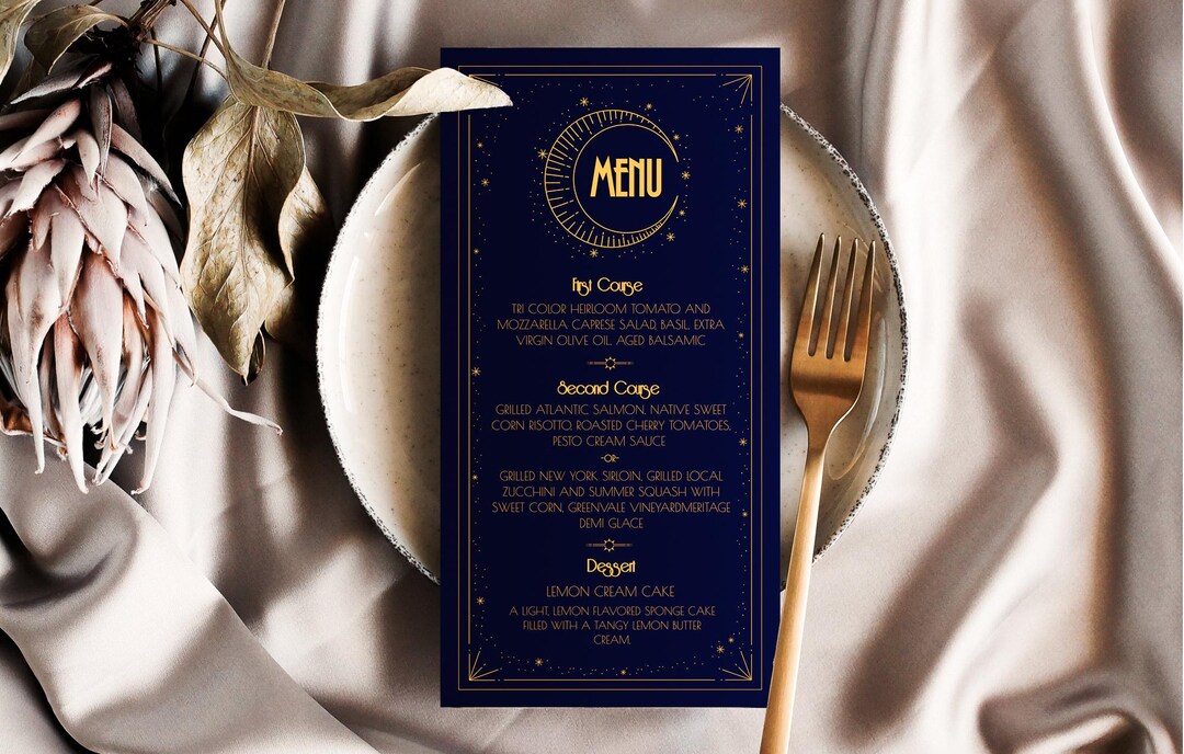 Celestial Wedding Menu Template: Art Deco Moon & Stars (4x9 Inches ...