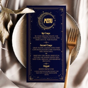 May include: A navy blue menu card with gold stars and a crescent moon design. The menu features three courses: "First Course", "Second Course", and "Dessert".