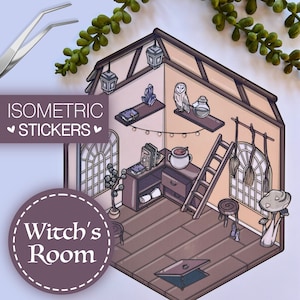 Isometrische kamerstickers, Iso Witch House Designer, stickerpakket interieurontwerp, magische 3D-stickers, geometrisch gezellig huisje-kunstwerk