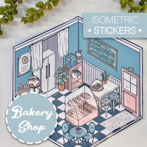Isometrische kamerstickers, Iso Bakery Designer, stickerpakket interieurontwerp, 3D-stickers bakken, Geometrisch kunstwerk caféwinkel, Create Bake Store