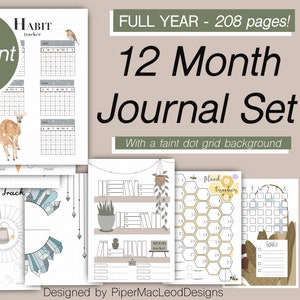 12 month bullet point journal set, full year of planner templates, undated printable journal inserts, complete yearly planner bundle
