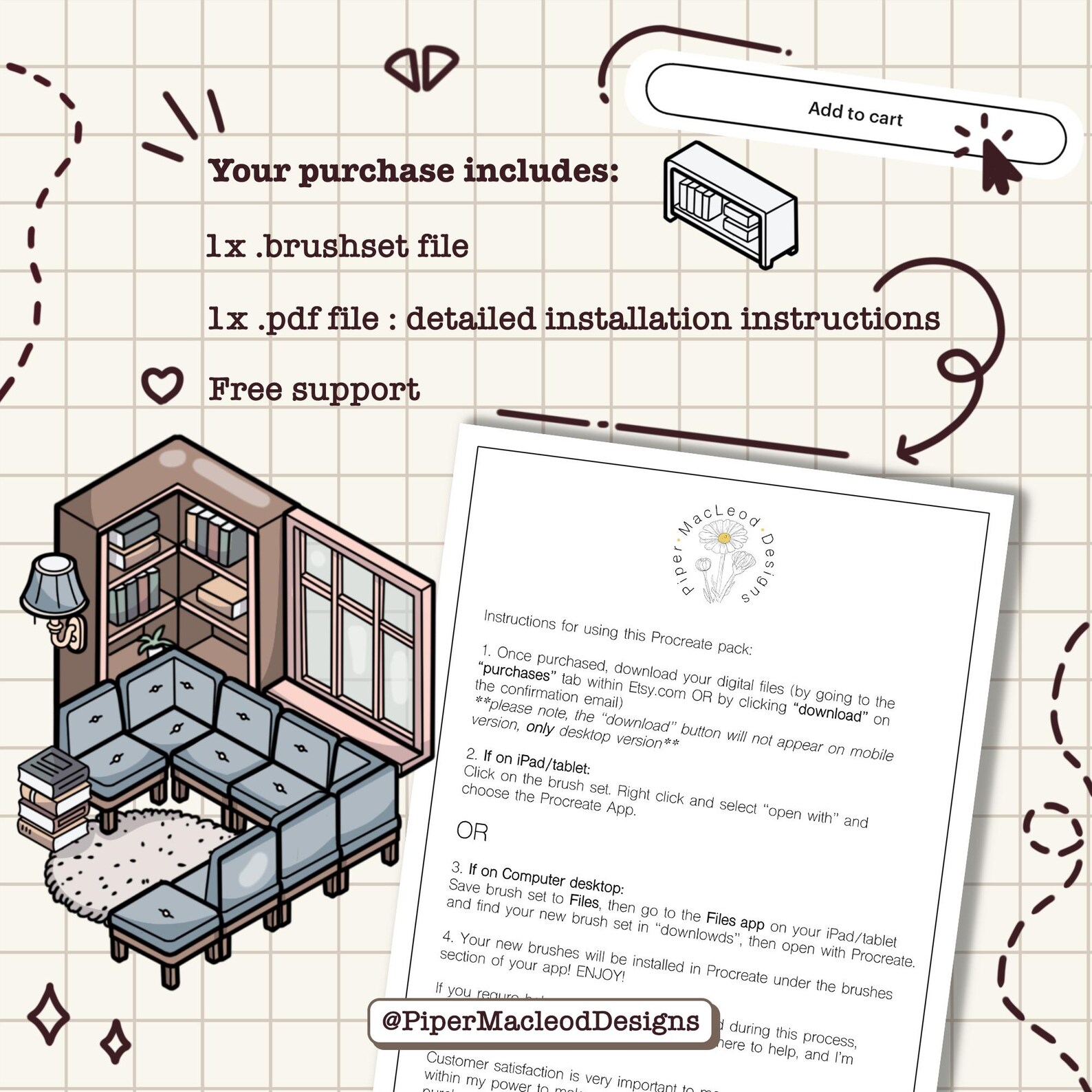 Isometric Procreate Stamps, Reading Theme, Book Nook Brushes, Bookshelf ...
