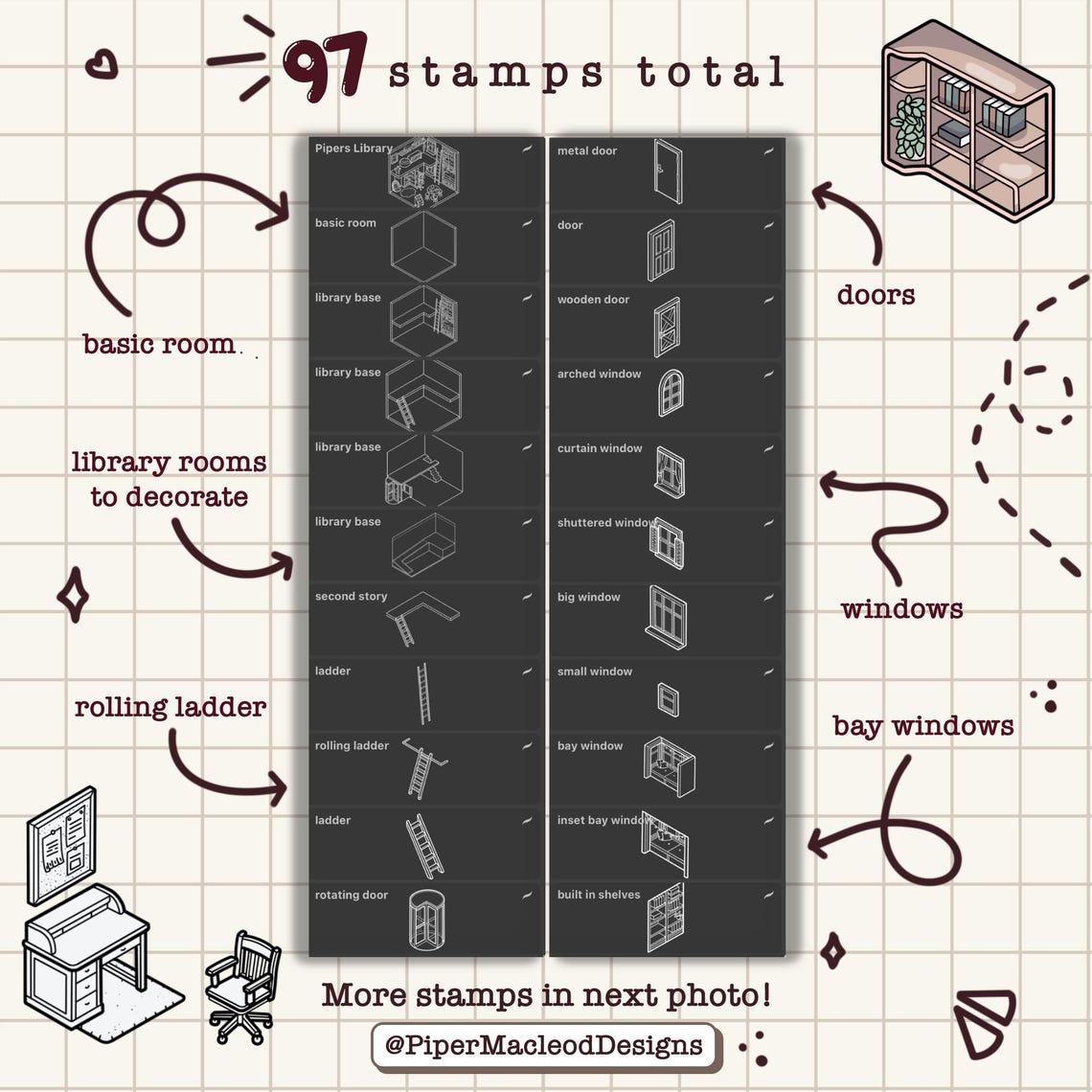 Isometric Procreate Stamps, Reading Theme, Book Nook Brushes, Bookshelf ...
