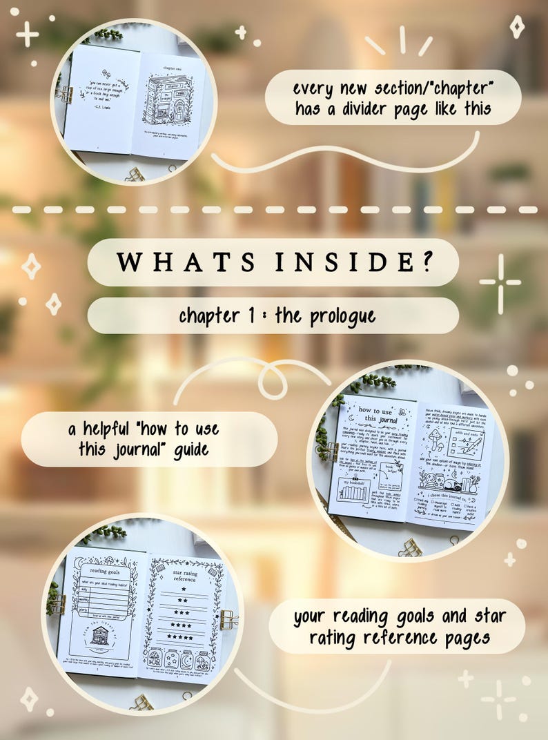 May include: A journal with the text "WHATS INSIDE?" and "chapter 1: the prologue". The journal includes a "how to use this journal" guide, reading goals, and star rating reference pages. Each chapter has a divider page.