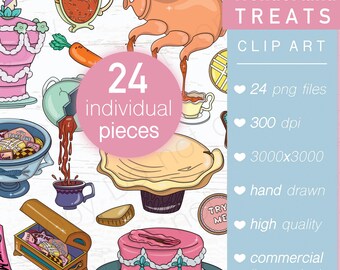 Wonderland Food Clipart Bundle: Hand-Drawn Tea Party Stickers (PNG)