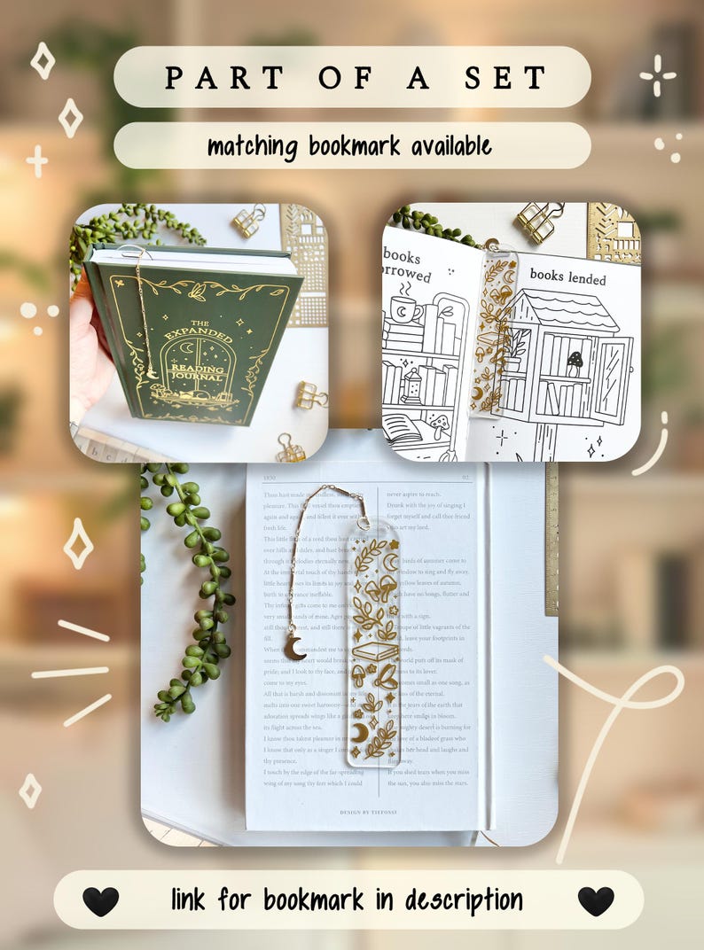 May include: A green journal with gold lettering and a matching bookmark. The journal is labelled "The Expanded Reading Journal". The bookmark has a gold chain and a crescent moon charm. The text "PART OF A SET" is at the top.