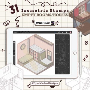Carimbos isométricos Procreate, tema de sala e casa vazia, pincéis e amostras Procreate, arte digital de design de interiores, arte digital isométrica de sala