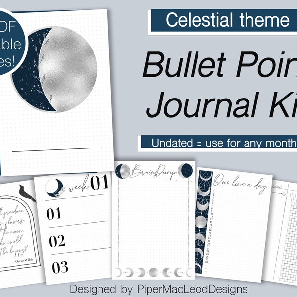 Bullet point Journal Set, Celestial moon and stars theme for planner lovers, undated use for any month, dot grid and blank printable inserts