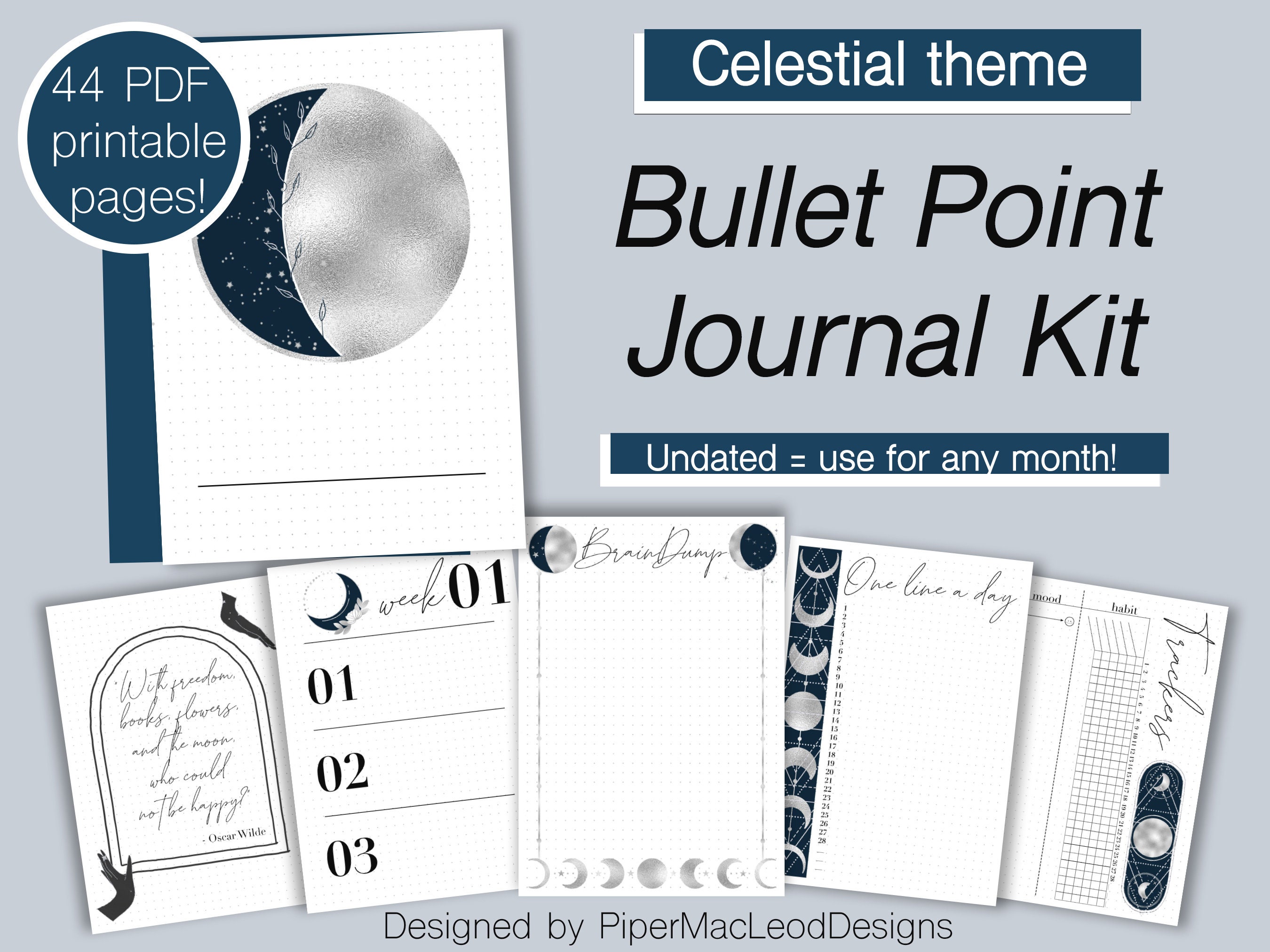 Bullet Point Journal Set, Celestial Moon and Stars Theme for Planner  Lovers, Undated Use for Any Month, Dot Grid and Blank Printable Inserts 