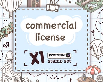Może przedstawiać: Jasnoniebieska grafika ze słowami "commercial license" w chmurkowym wzorze. Grafika zawiera również tekst "X1 procreate stamp set" oraz różne ilustracje z kreskówek.