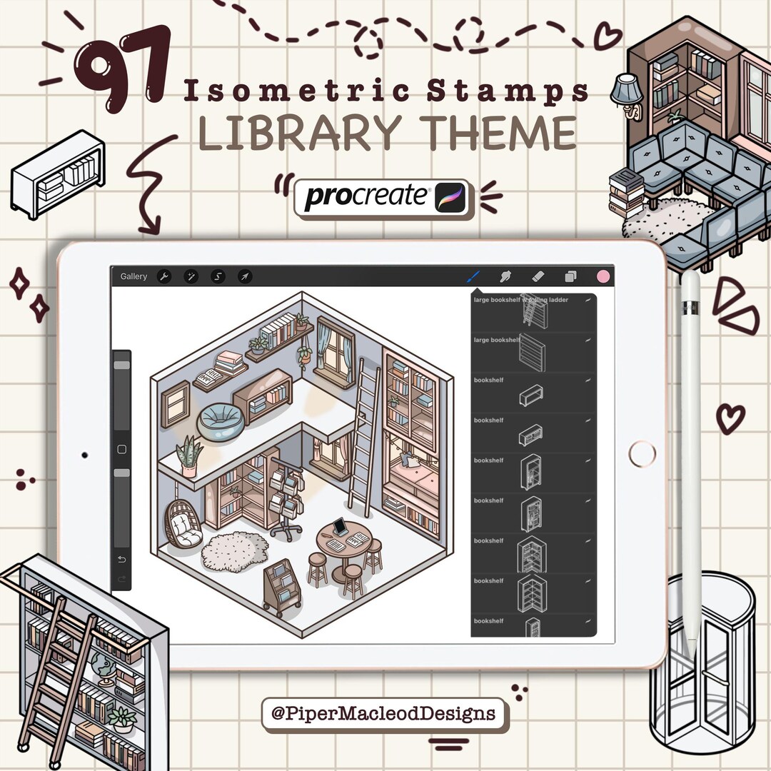 Isometric Procreate Stamps, Reading Theme, Book Nook Brushes, Bookshelf ...