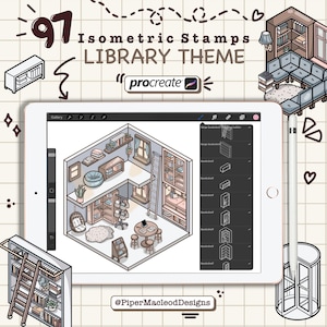 May include: A digital art illustration of a library theme, featuring isometric stamps for Procreate. The image showcases a tablet displaying a library scene with bookshelves, furniture, and a ladder. The text reads "97 Isometric Stamps Library Theme".