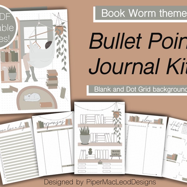 Bullet point Journal Set with a cozy book lover theme, printable planner inserts for readers