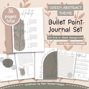 Bullet point journal set with a green abstract theme, neutral simple printable planner PDF pages and digital use!