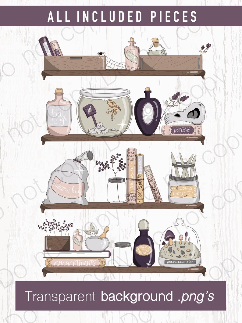 Halloween Clip Art Bundle, Hand Drawn Spooky Clipart, Spells & Potions