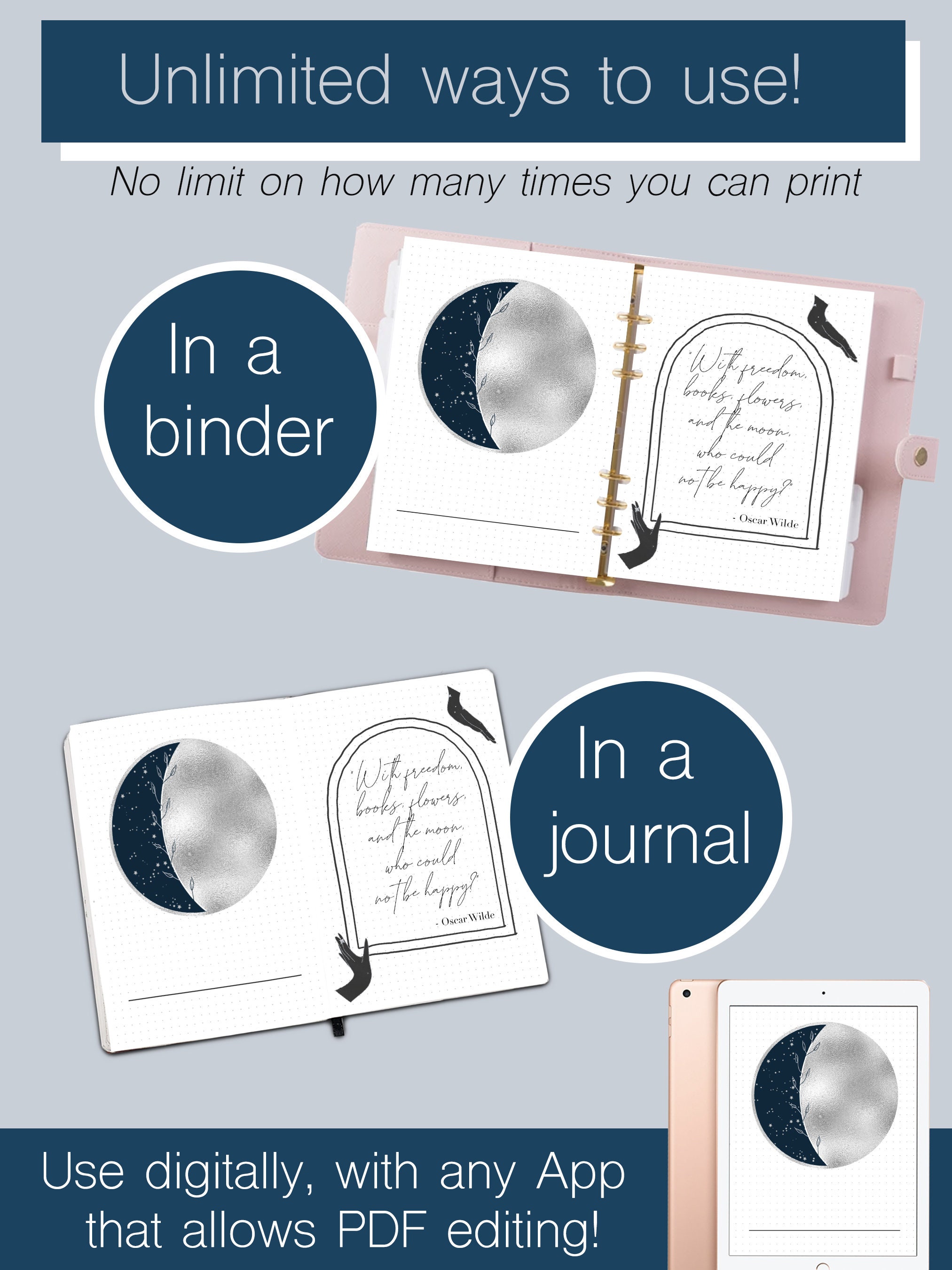 Bullet Point Journal Set, Celestial Moon and Stars Theme for Planner  Lovers, Undated Use for Any Month, Dot Grid and Blank Printable Inserts 